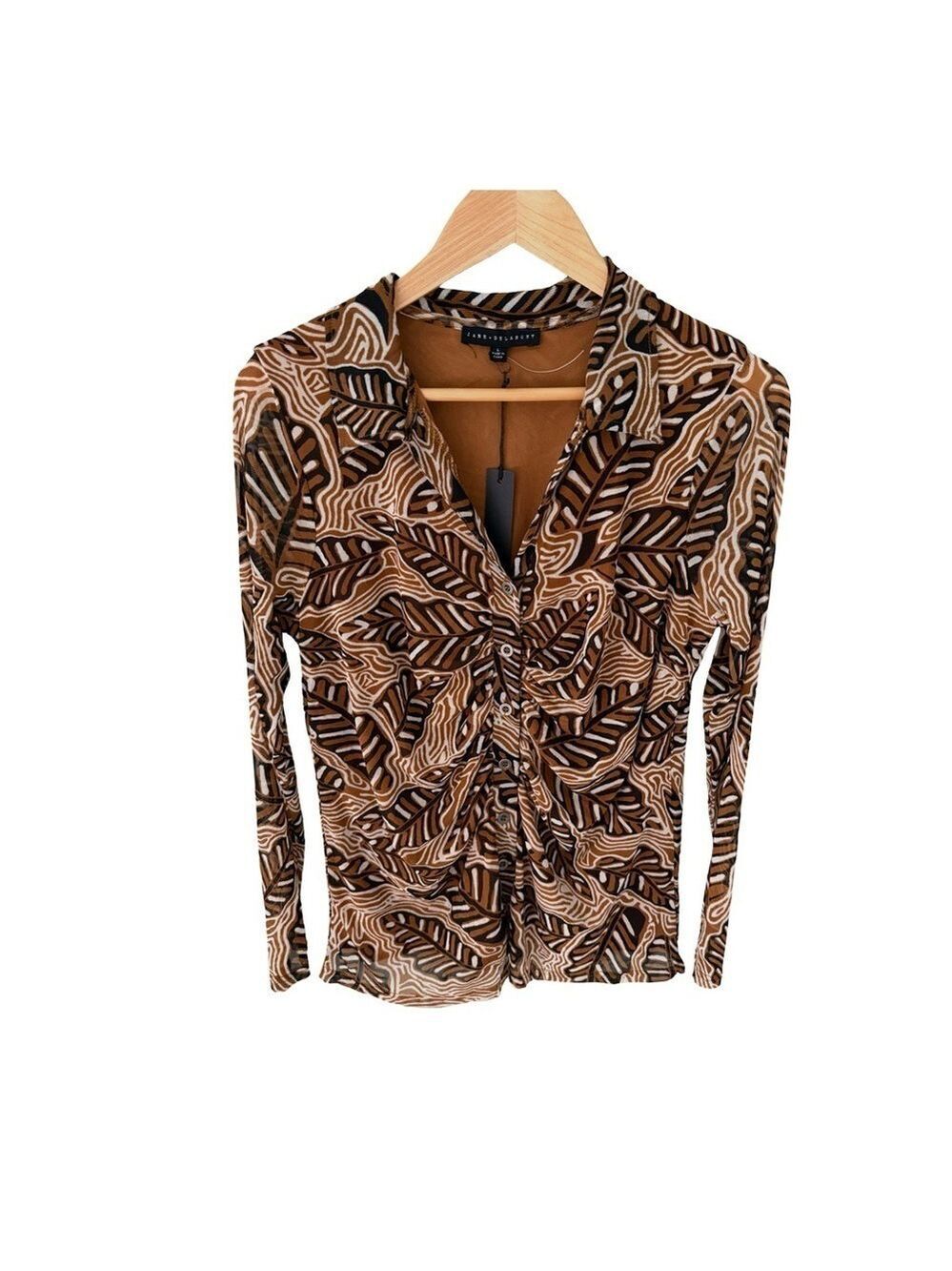 Jane + Delancey Brown Black Abstract Leaf Print Button Down Blouse NWT Size L